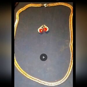 Elegant Gold Fashion Necklace and Red Earrings Set